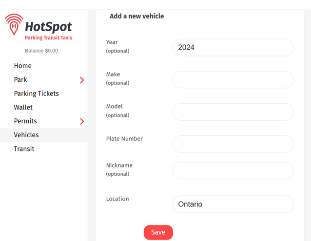 HotSpot web Add a New Vehicle